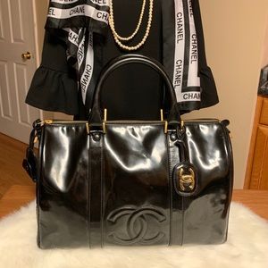 Chanel Patent Black Leather Large Boston Bag